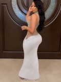 Winter Sexy White Beaded Mesh Patch Sleeveless Evening Dress