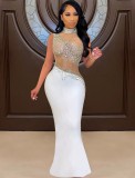 Winter Sexy White Beaded Mesh Patch Sleeveless Evening Dress