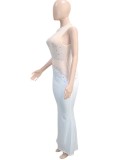 Winter Sexy White Beaded Mesh Patch Sleeveless Evening Dress