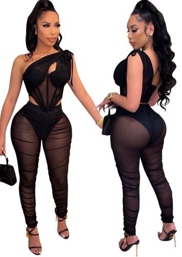 Spring Sexy Black Mesh See Through One Shoulder Sleeveless Corset Top and Ruched Pants Set Wholesale 2 Piece Sets