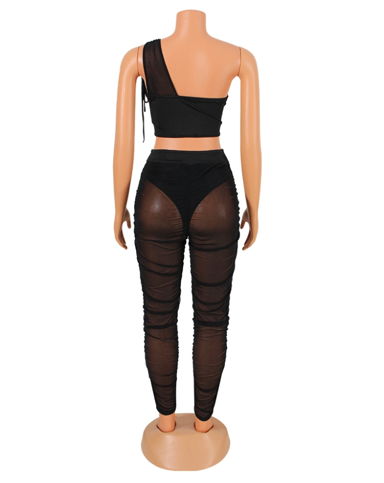 Spring Sexy Black Mesh See Through One Shoulder Sleeveless Corset Top and Ruched Pants Set Wholesale 2 Piece Sets