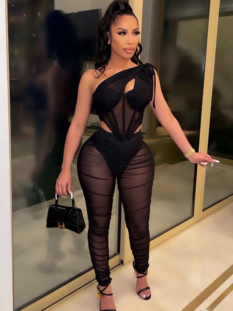 Spring Sexy Black Mesh See Through One Shoulder Sleeveless Corset Top and Ruched Pants Set Wholesale 2 Piece Sets