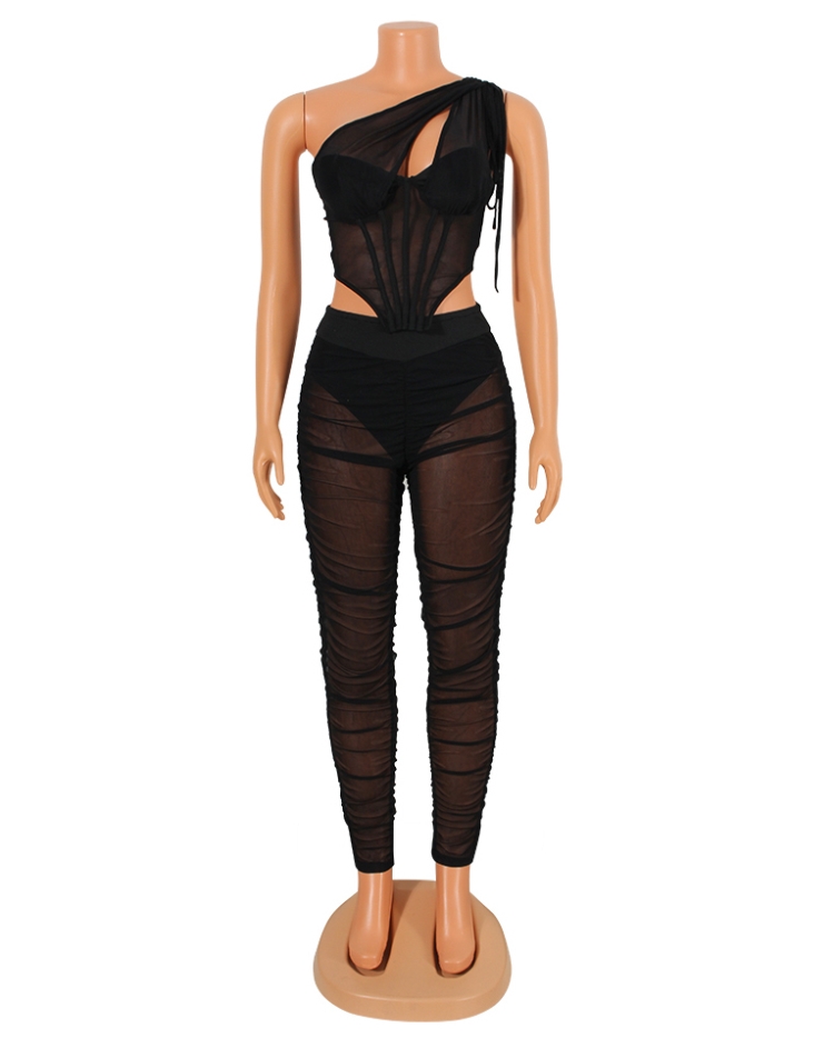 Spring Sexy Black Mesh See Through One Shoulder Sleeveless Corset Top and Ruched Pants Set Wholesale 2 Piece Sets