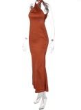 Spring Elegant Brown Cross Neck Sleeveless Backless Evening Dress