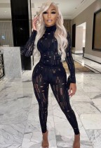 Spring Black Sexy Hollow Out Tight Top and Pants Two Piece Set