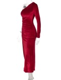 Winter Red One Shoulder Slit Ruched Velvet Party Dress