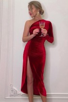 Winter Red One Shoulder Slit Ruched Velvet Party Dress