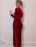 Winter Red One Shoulder Slit Ruched Velvet Party Dress