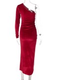 Winter Red One Shoulder Slit Ruched Velvet Party Dress