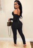 Spring Black Sexy Strap Ruched Bodycon Jumpsuit with Gloves