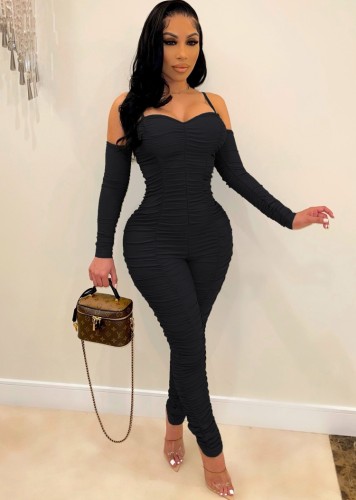 Spring Black Sexy Strap Ruched Bodycon Jumpsuit with Gloves