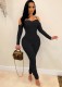 Spring Black Sexy Strap Ruched Bodycon Jumpsuit with Gloves