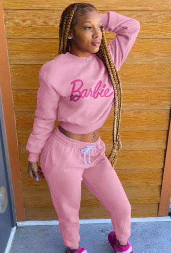 Winter Casual Letter Printed Pink Rouned Neck Long Sleeve Sweatshirt And Sweatpants Two Piece Wholesale Sportswear