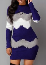 Winter Casual Blue Stripe Print Round Neck Long Sleeve Bodycon Dress Winter Casual Blue Stripe Print Round Neck Long Sleeve Bodycon Dress