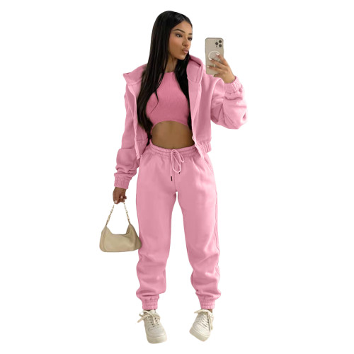 Winter Pink Thick Hooded Three Piece Pants Tracksuit