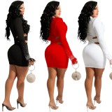 Spring Sexy Black Turndown Collar Cut Out Rhinestone Party Bodycon Dress
