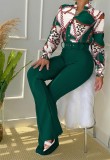 Women Spring Commuting Suit Printed Stand-up Collar Long-sleeved Blouse and Wide-leg Pants Two-piece Set
