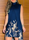 Women Summer Blue Print Irregular Sleeveless Casual Dress