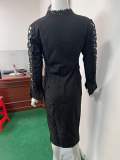 Fall Sexy Black Lace V Neck Collar Long Sleeve Midi Dress