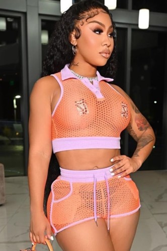 Summer Sexy Orange Mesh Turndown Collar Sleeveless Crop Top Wholesale Two Piece Short Set