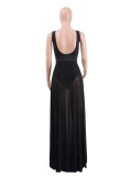 Summer Women Sexy Black U Neck Backless Straps Holidays Bodysuit and Long Mesh Beach Cover Up Wholesale 2 Piece Outfits