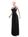 Summer Women Sexy Black U Neck Backless Straps Holidays Bodysuit and Long Mesh Beach Cover Up Wholesale 2 Piece Outfits