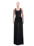 Summer Women Sexy Black U Neck Backless Straps Holidays Bodysuit and Long Mesh Beach Cover Up Wholesale 2 Piece Outfits