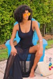 Summer Women Sexy Black U Neck Backless Straps Holidays Bodysuit and Long Mesh Beach Cover Up Wholesale 2 Piece Outfits