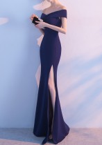 Women Summer Royal Blue Formal Off Shoulder High Slit Mermaid Evening Dress