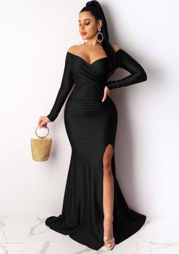 Women Spring Black Sexy Sweetheart Long Sleeve Side Slit Mermaid Evening Dress