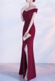 Women Summer Burgunry Formal Off Shoulder High Slit Mermaid Evening Dress