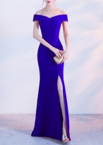 Women Summer Blue Formal Off Shoulder High Slit Mermaid Evening Dress