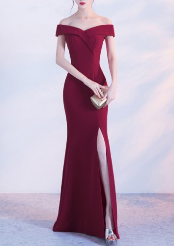 Women Summer Burgunry Formal Off Shoulder High Slit Mermaid Evening Dress