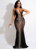 Spring Women Sexy Black Rhinestone Beaded See Through Plunge V-neck Straps Mermaid Evening Dress