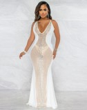 Spring Women Sexy White Rhinestone Beaded See Through Plunge V-neck Straps Mermaid Evening Dress