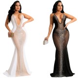 Spring Women Sexy White Rhinestone Beaded See Through Plunge V-neck Straps Mermaid Evening Dress