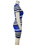 Women Summer Blue Striped O-Neck Casual Dress