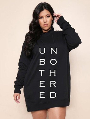 Women Spring Black Letter Print Long Sleeve Plus Size Hoody Dress