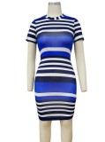 Women Summer Blue Striped O-Neck Casual Dress