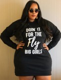 Women Spring Black Letter Print Long Sleeve Plus Size Hoody Dress