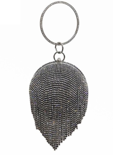 Women Elegant Black Evening Dinner Tassels Rhinestone Ball Handbag