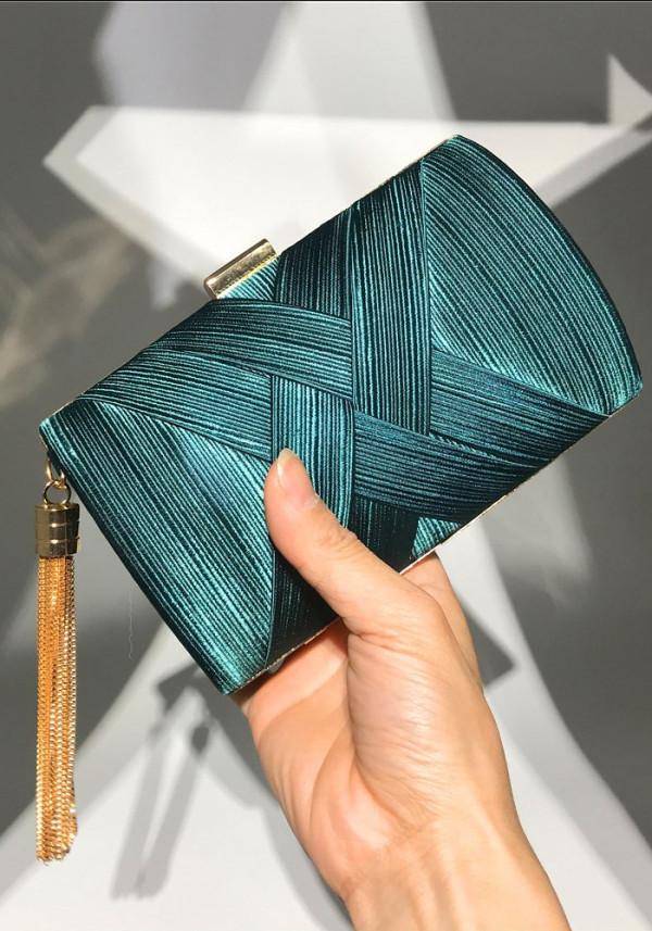 Women Elegant Evening Dinner Fashion Green Satin Tape Tassels Handbag