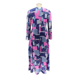 Spring Plus Size Fashion Print V Neck Long Sleeve Long Dress