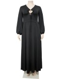 Spring Womne Plus Size Black V-neck Long Sleeve Slit Maxi Dress