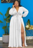 Spring Womne Plus Size White V-neck Long Sleeve Slit Maxi Dress