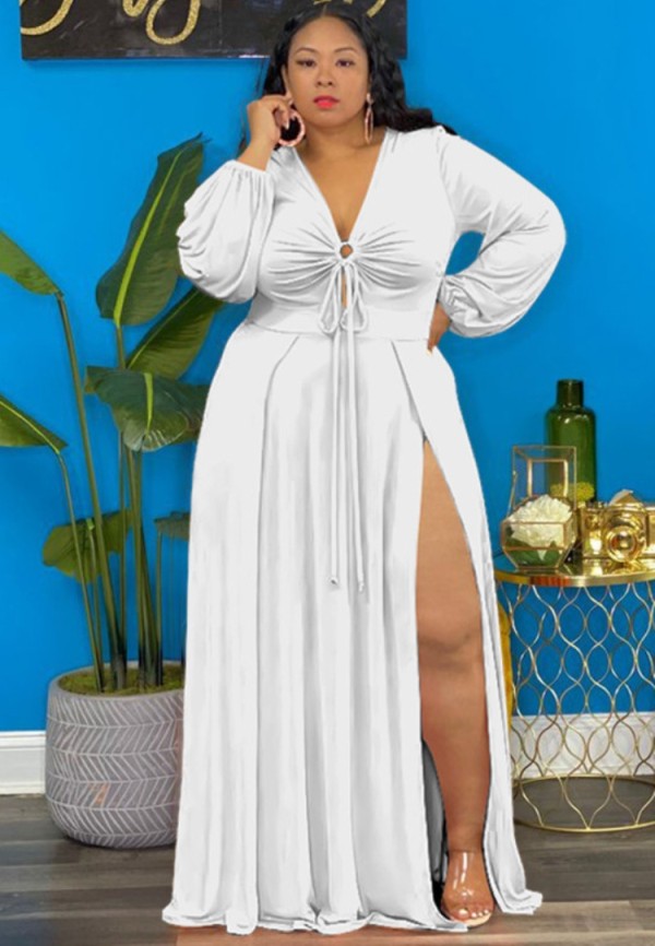 Spring Womne Plus Size White V-neck Long Sleeve Slit Maxi Dress