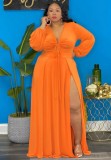 Spring Womne Plus Size Orange V-neck Long Sleeve Slit Maxi Dress