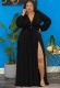 Spring Womne Plus Size Black V-neck Long Sleeve Slit Maxi Dress