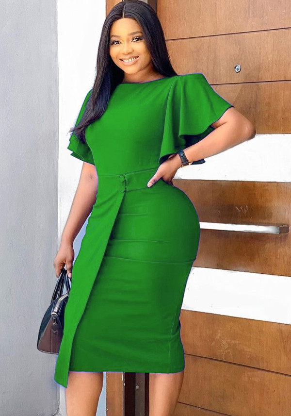 Autumn Professional Green Ruffle Sleeves Pencil Office Dress