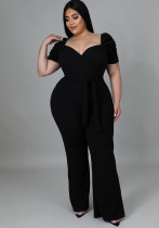 Women Summer Black Formal Sweetheart Neck Short Sleeves Solid Belted Full Length Regular Plus Size Jumpsuit Women Summer Black Formal Sweetheart Neck Short Sleeves Solid Belted Full Length Regular Plus Size Jumpsuit